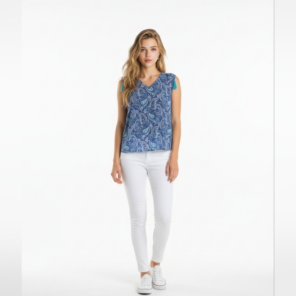 NWT Amana LG Blue and White Paisley Top With Tassels